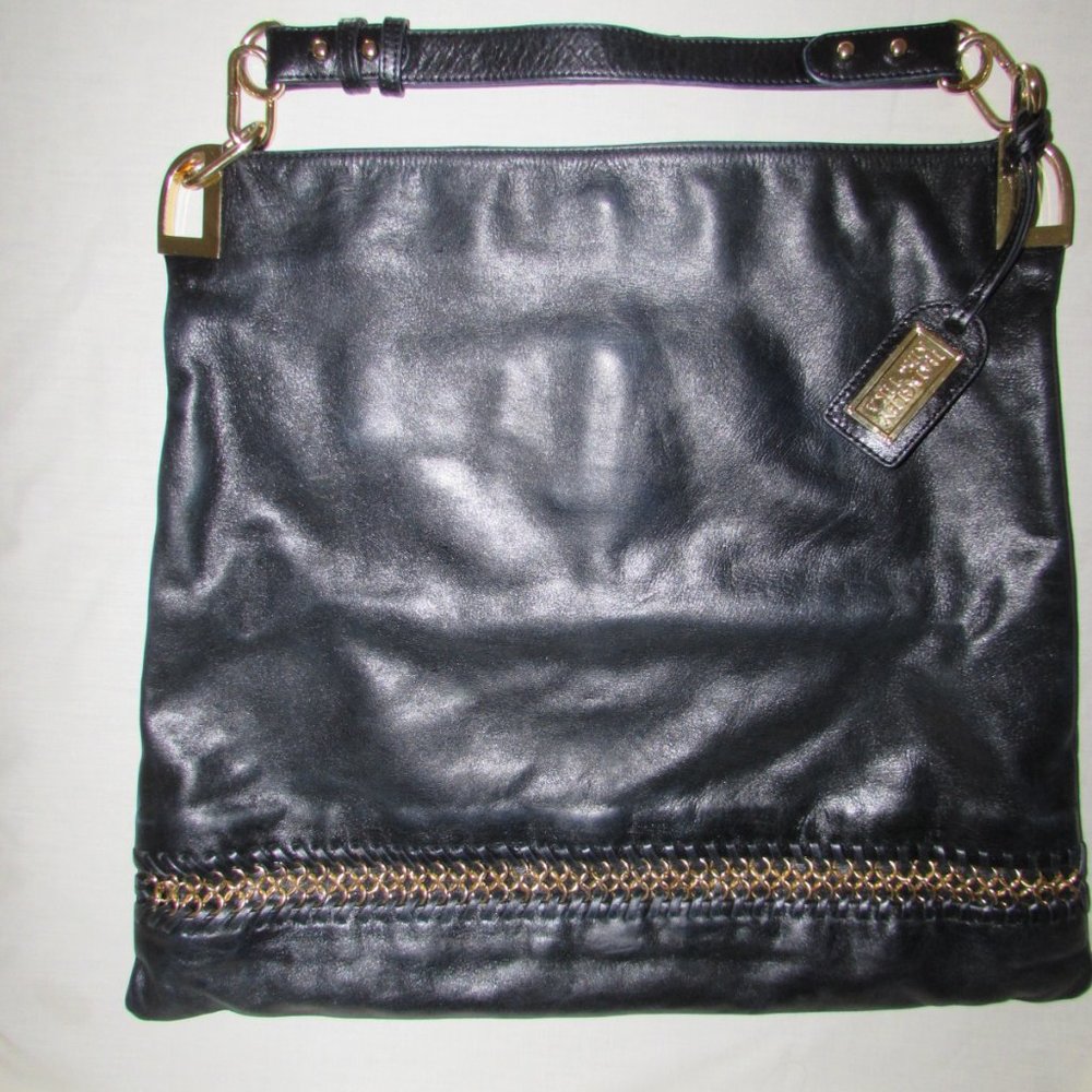 Badgley Mischka Lattice Detail/Black Leather X-Large Boho/Hobo/Shoulder Bag/Tote